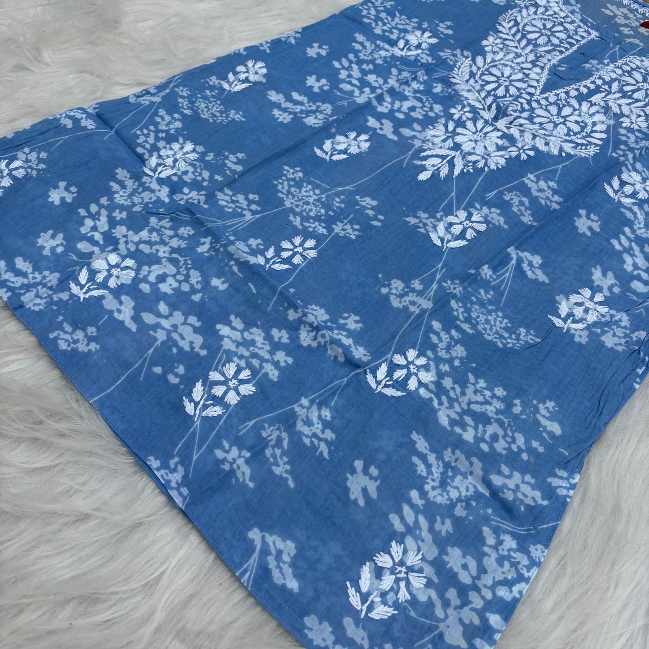 Malika Pure Mulmul Cotton Short Kurti - Blue Colour