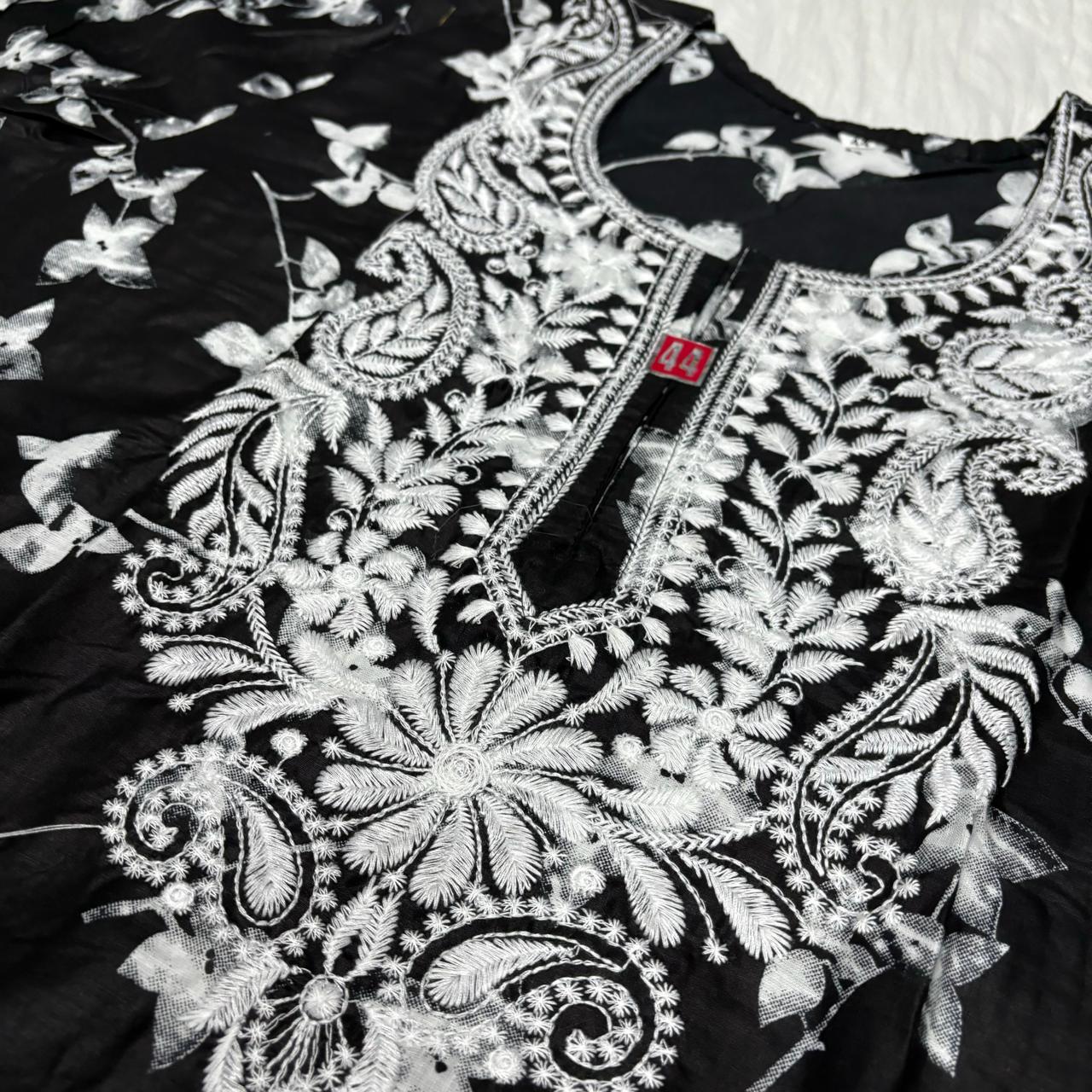 Mulmul Cotton Chikankari Machine Work Kurti -Black Colour - Chikankaar
