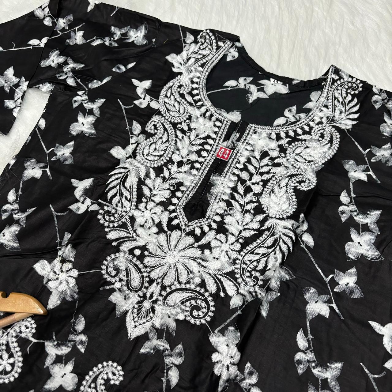 Mulmul Cotton Chikankari Machine Work Kurti -Black Colour - Chikankaar