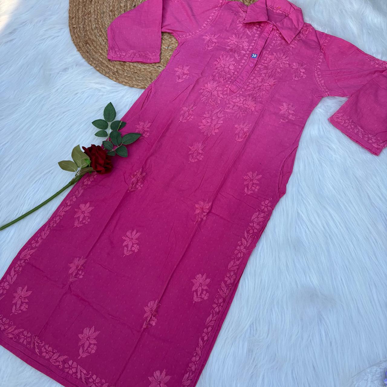 Sadia Dobby Cotton Ombre Shaded Chikankari Kurti with Collar - Pink Colour