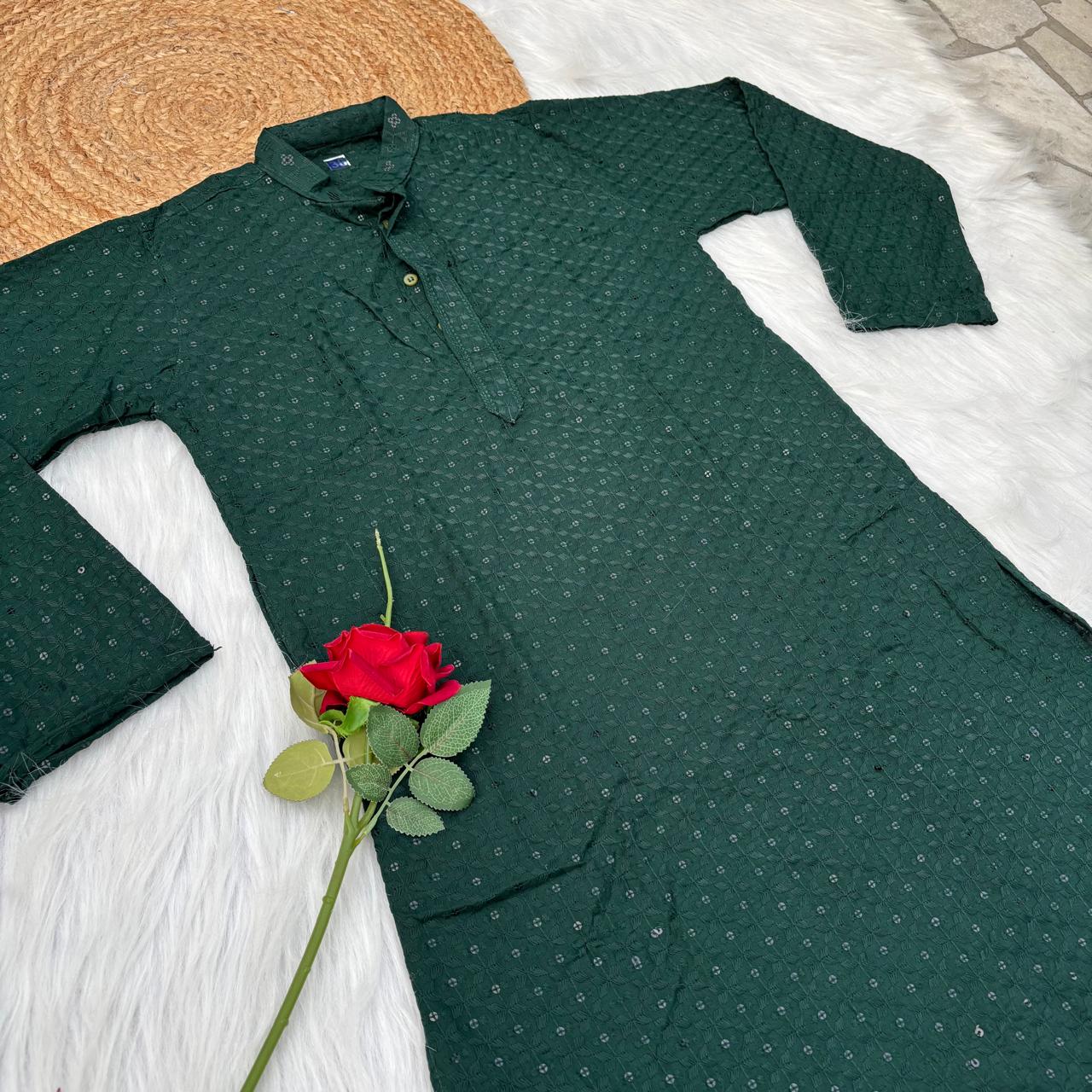 Ayaan Mens Cotton Chikankari Kurta - Dark Green colour