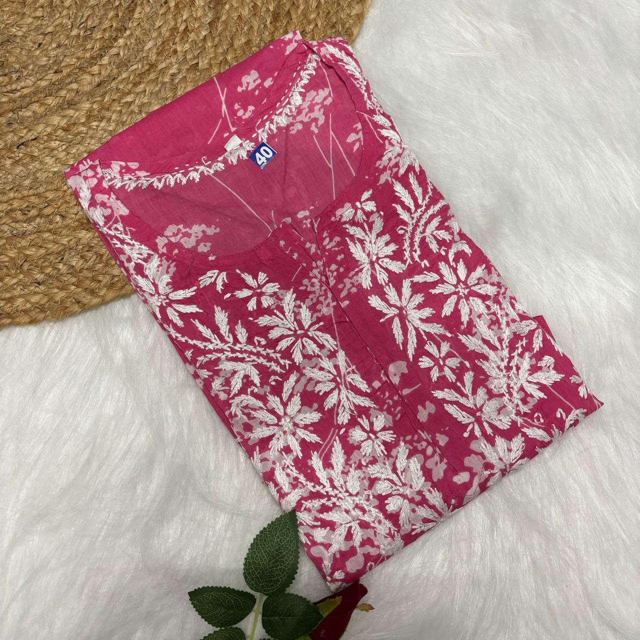 Mahira Sharma Inspired Pure Mulmul Printed Chikankari Handwork Kurti - Pink Colour - Chikankaar
