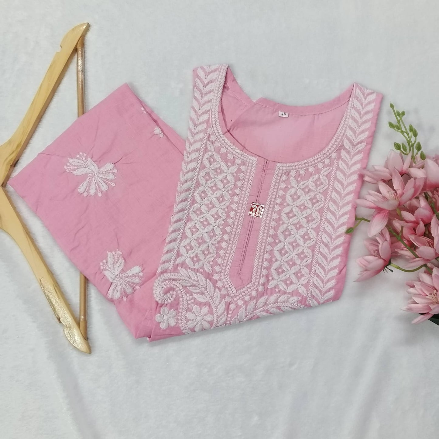 Cotton Machine Work Chikankari Kurti - Baby Pink Colour - Chikankaar