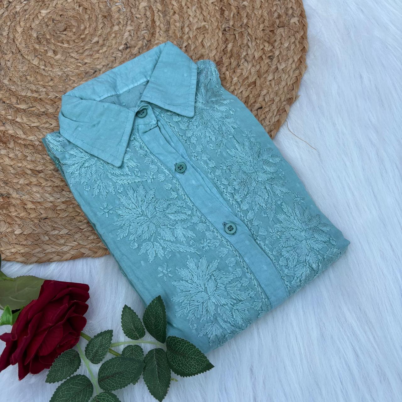 Sadia Dobby Cotton Ombre Shaded Chikankari Kurti with Collar - Rama Green Colour