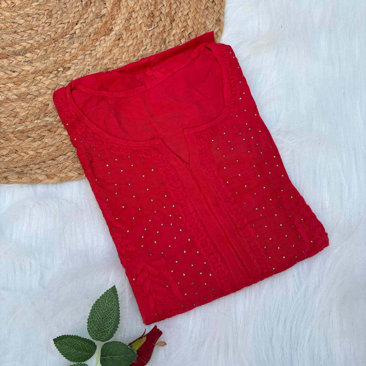 Rakul Preet Inspired Chikankari Muslin Kurti with Mukaish Work - Red Colour - Chikankaar