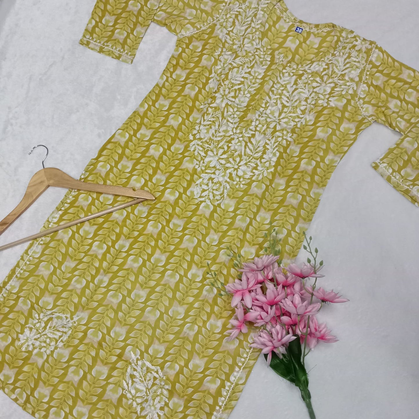 Pure Mulmul Chikankari Handwork Kurti - Leaf Green Colour - Chikankaar