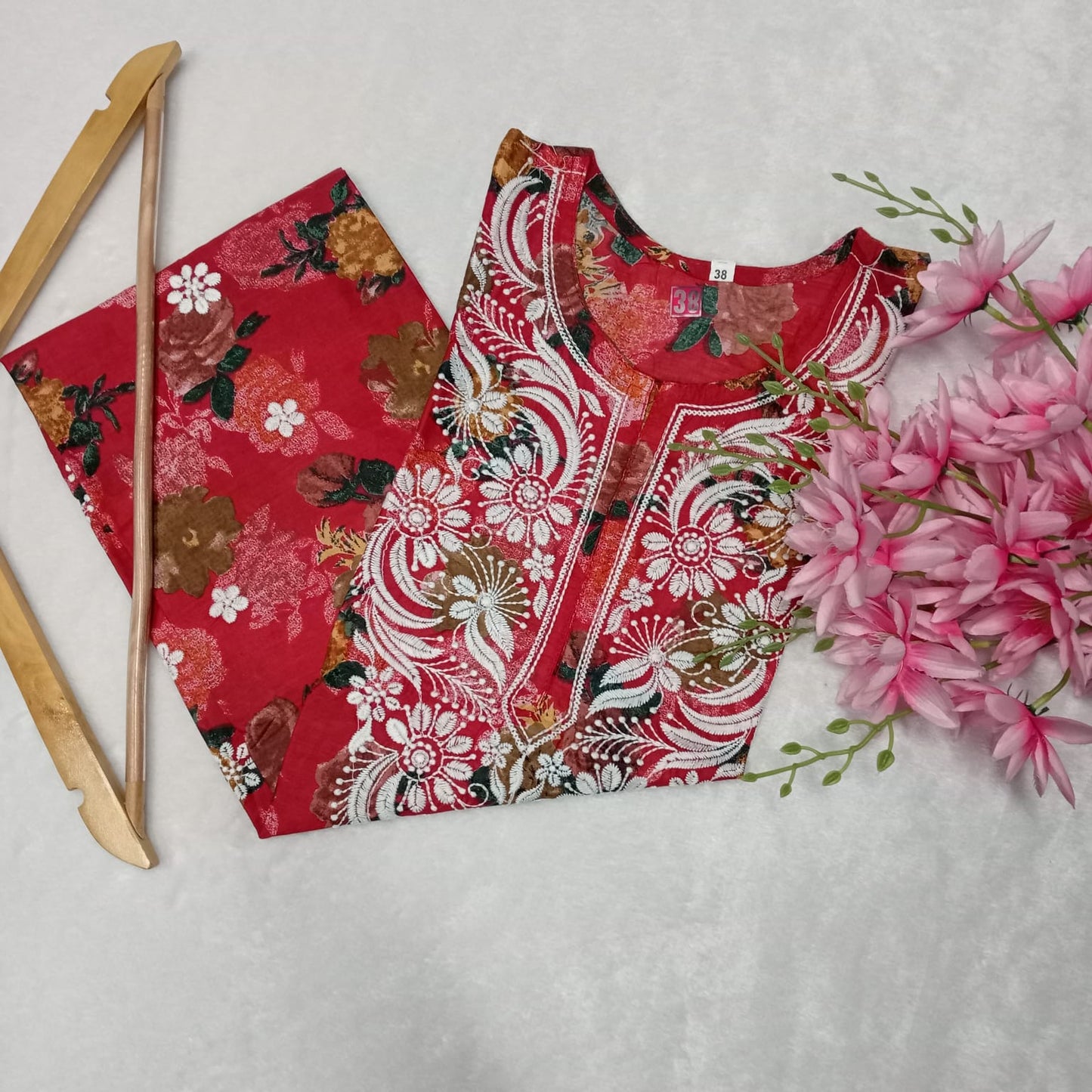 Mulmul Cotton Floral Print Chikankari Machine Work Kurti -Red Colour - Chikankaar