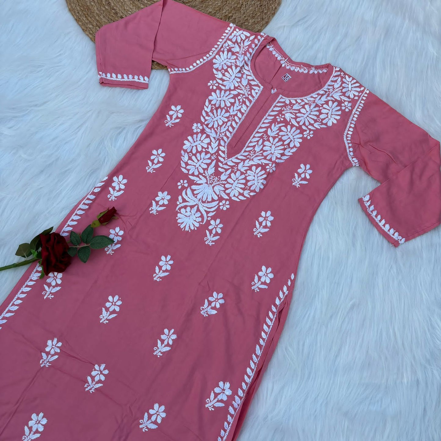 Hiba Soft Rayon Chikankari Kurti - Peach Colour - Chikankaar