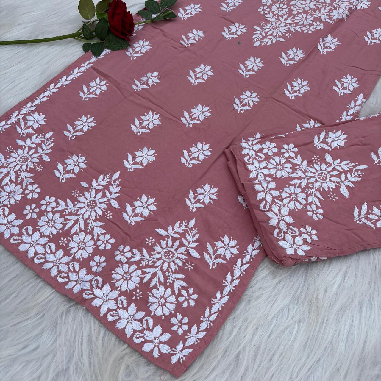 Maya Rayon Chikankari Kurti Plazo Set - Blush Colour
