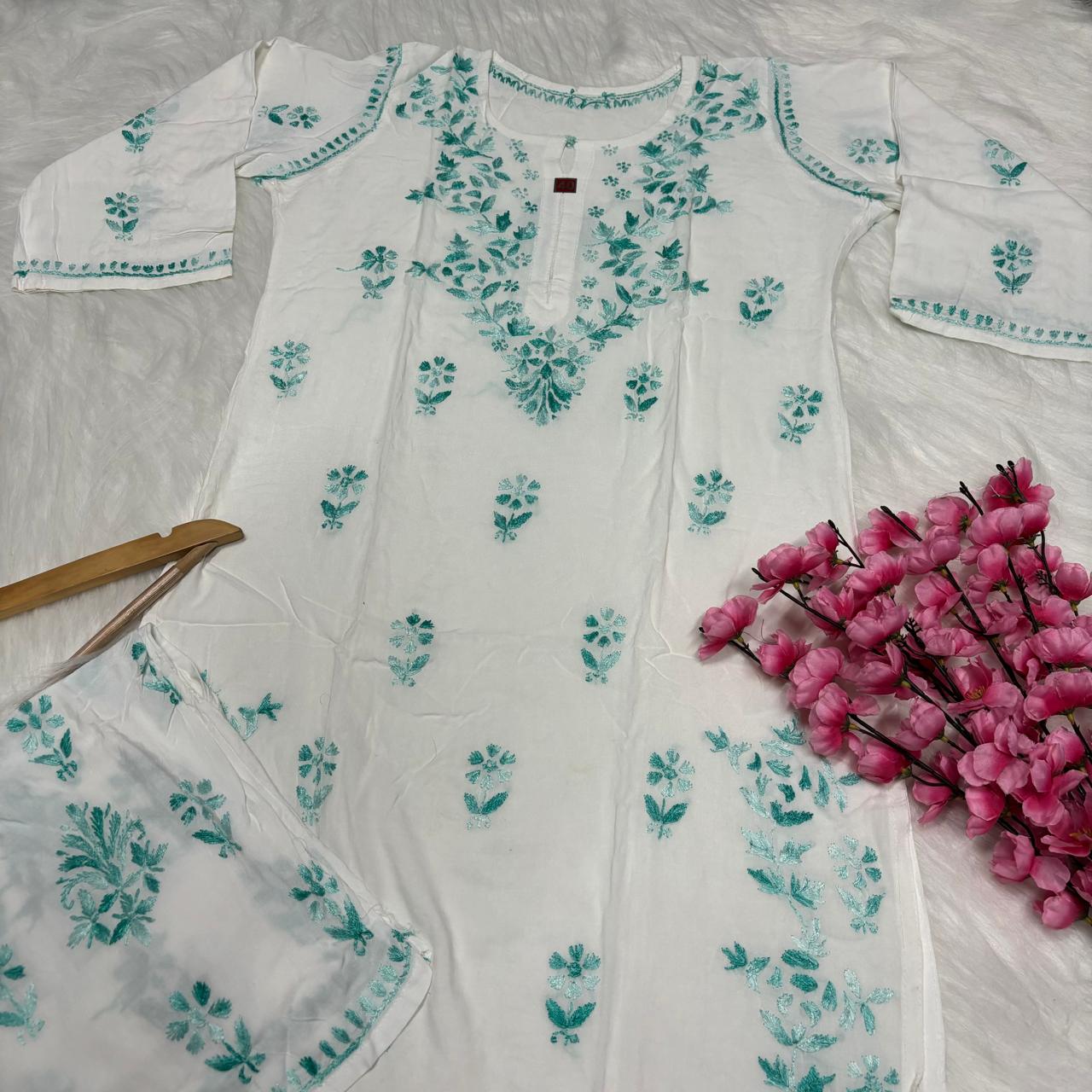Aleena Rayon Chikankari Kurti Plazo Set - White Sea Green color - Chikankaar