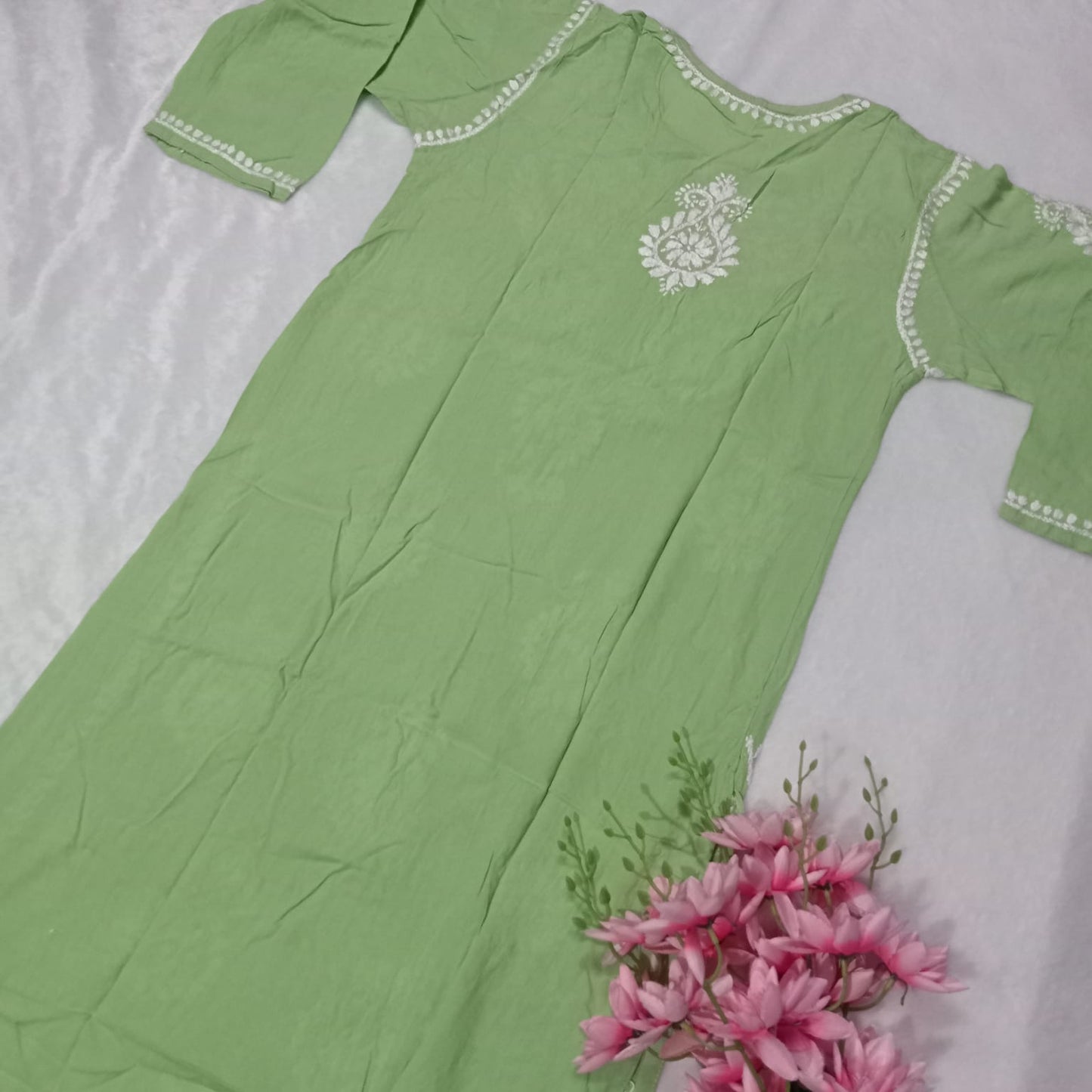 Pure Rayon Chikankari Kurti - Pista Green Colour - Chikankaar