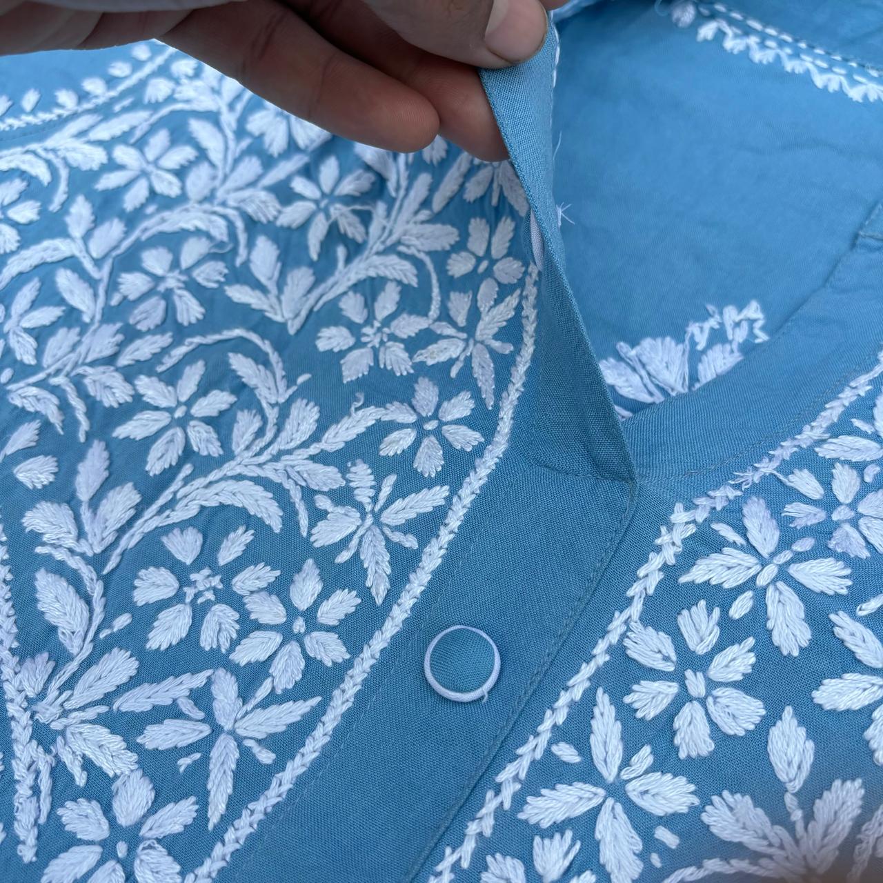 Rihana Rayon Chikankari Short Kurti Plazo Coord Set - Sky Blue colour - Chikankaar