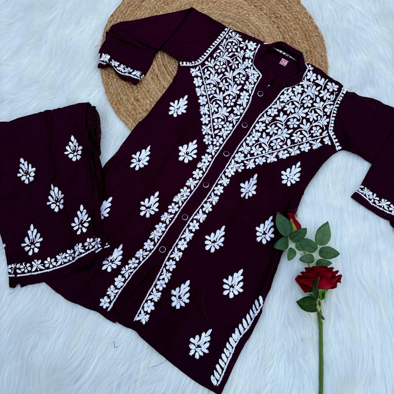 Rihana Rayon Chikankari Short Kurti Plazo Coord Set - Wine colour - Chikankaar