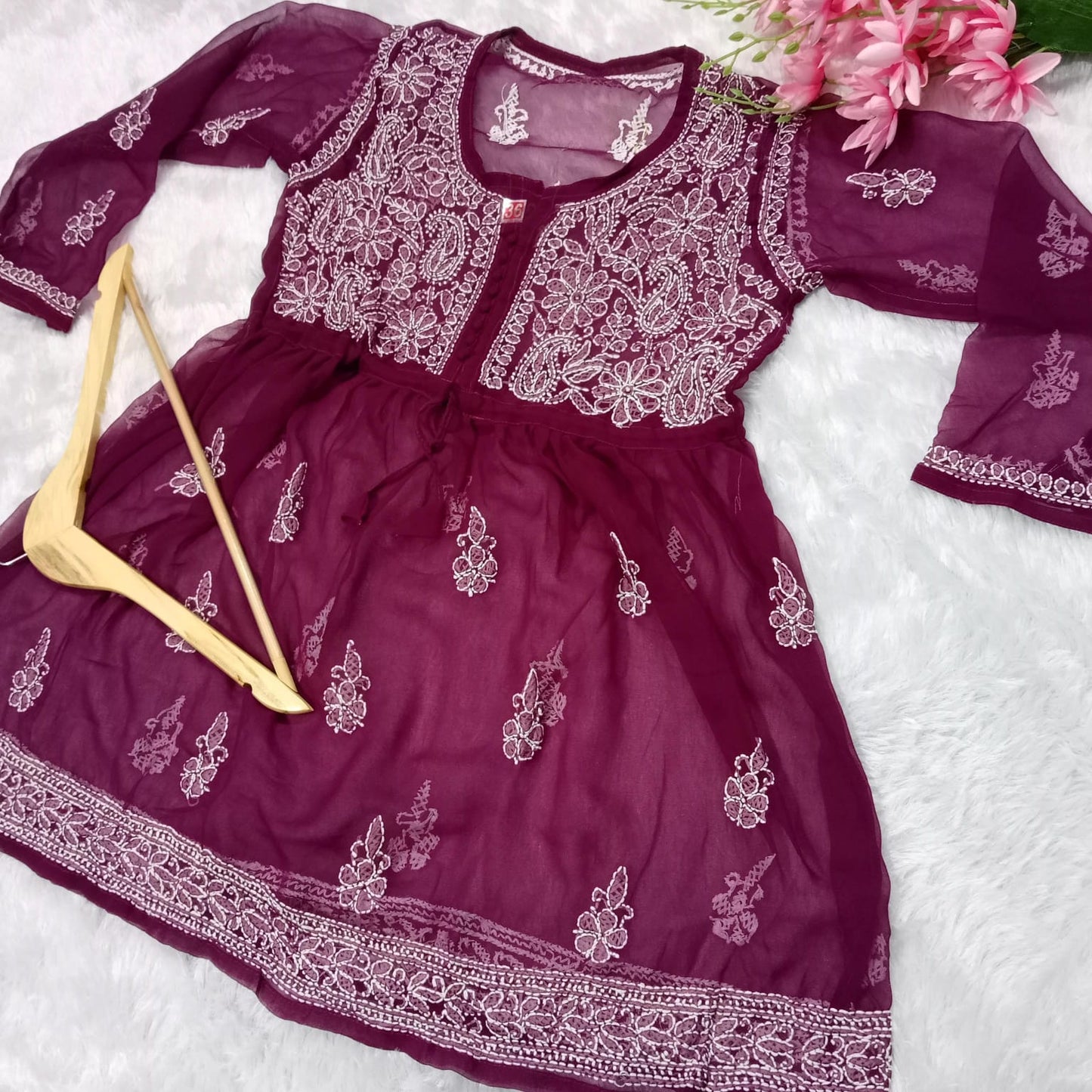 CHIKANKARI GEORGETTE SHORT GOWN WITH DORI - WINE COLOR - Chikankaar