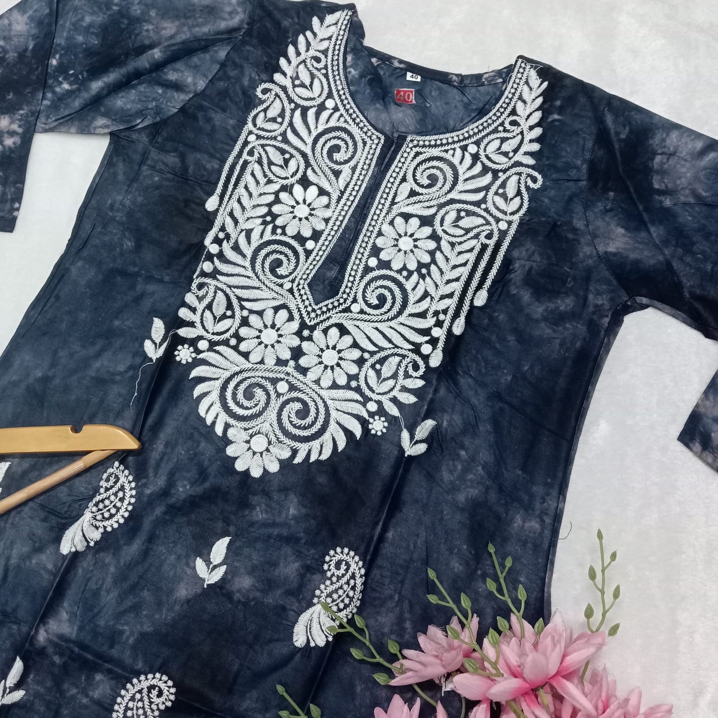 Rayon Tie & Dye Chikankari Machine Work Kurti- Smoke Blue Colour - Chikankaar
