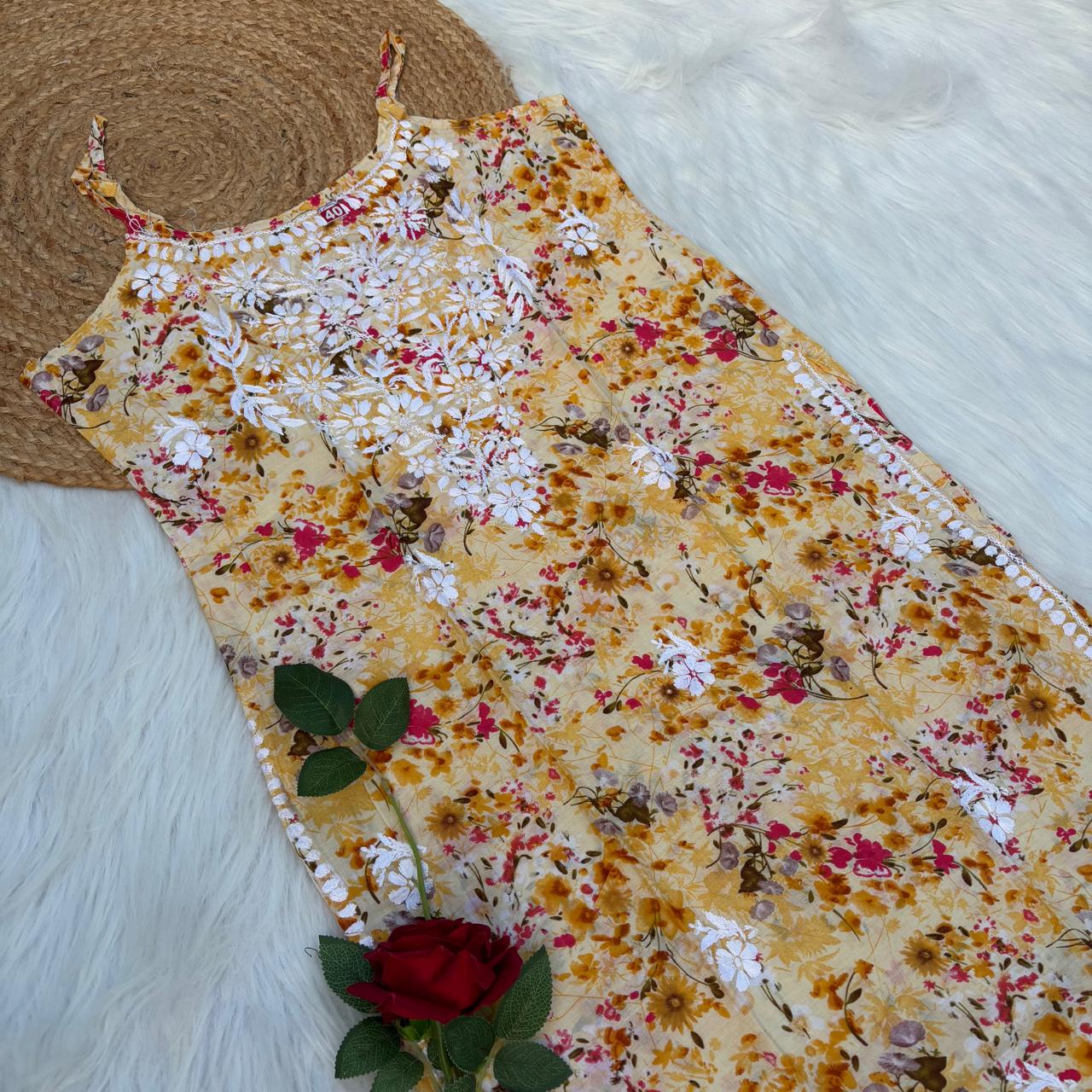 Hana Mulmul Chikankari Noodle Strap Short Kurti -Yellow colour (Length - 38")