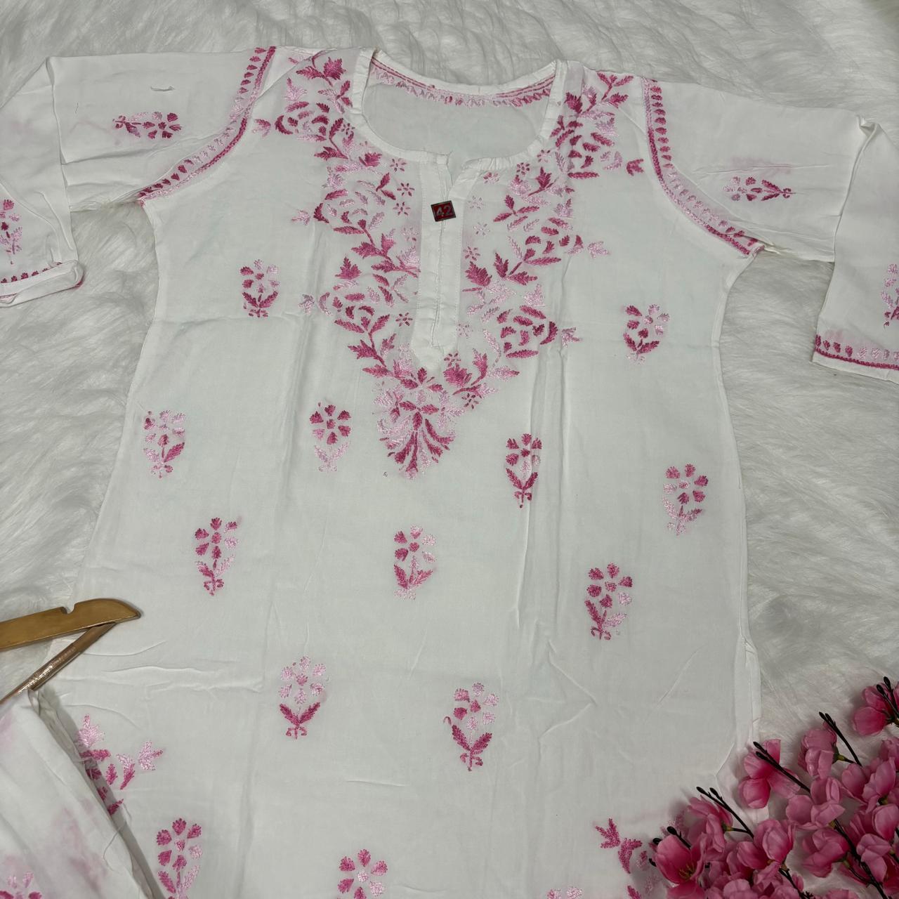 Aleena Rayon Chikankari Kurti Plazo Set - White Pink color - Chikankaar