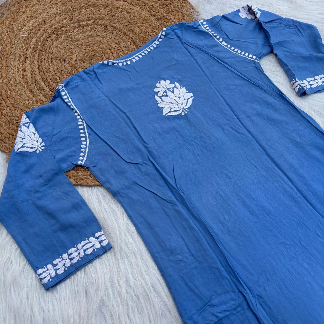 Samara Rayon Handwork Chikankari Kurti Plazo Set - Blue Colour