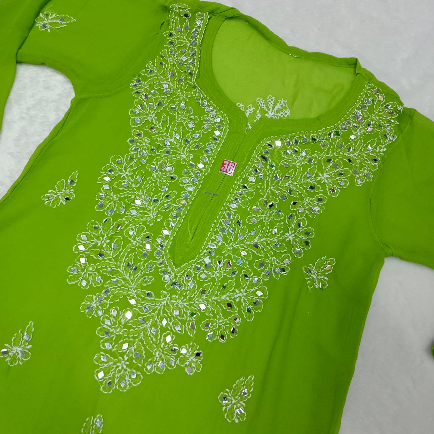 Georgette Mirror Work Chikankari Kurti With Inner - Parrot Colour - Chikankaar