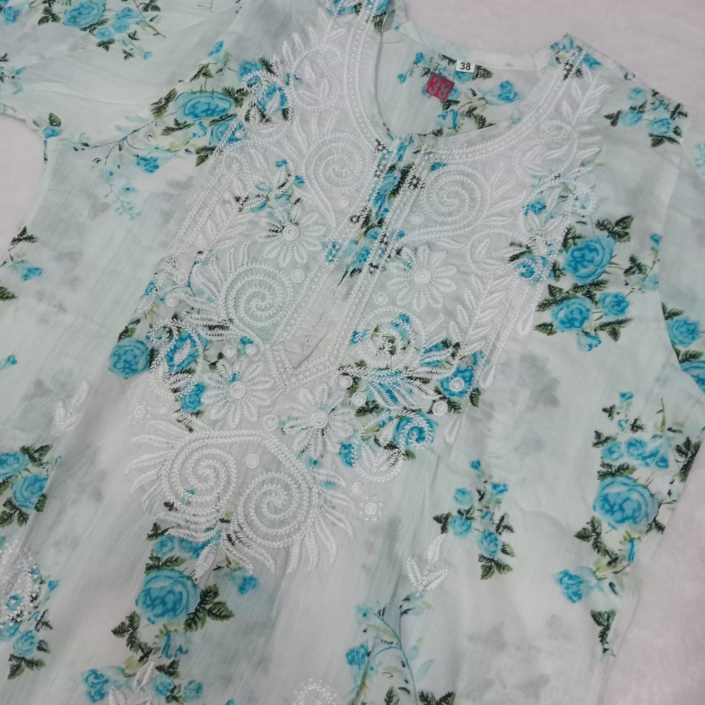 Mulmul Cotton Chikankari Machine Work Kurti -Sky Blue Colour - Chikankaar