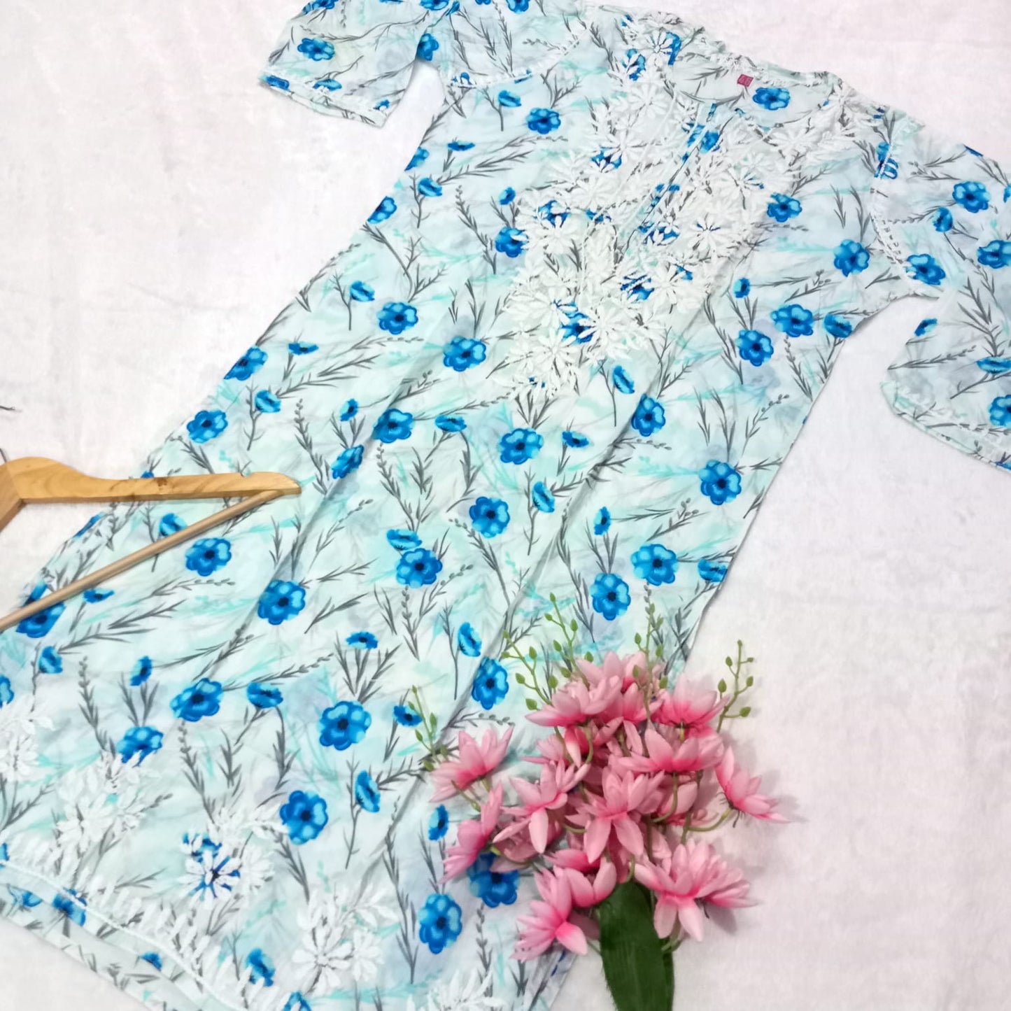 Pure Mulmul Cotton Chikankari Kurti With Floral Print -Blue Colour - Chikankaar