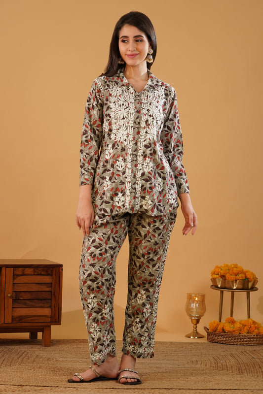 Ziya Mulmul Cotton Lucknowi Chikankari Shirt Coord Set - Cream Colour