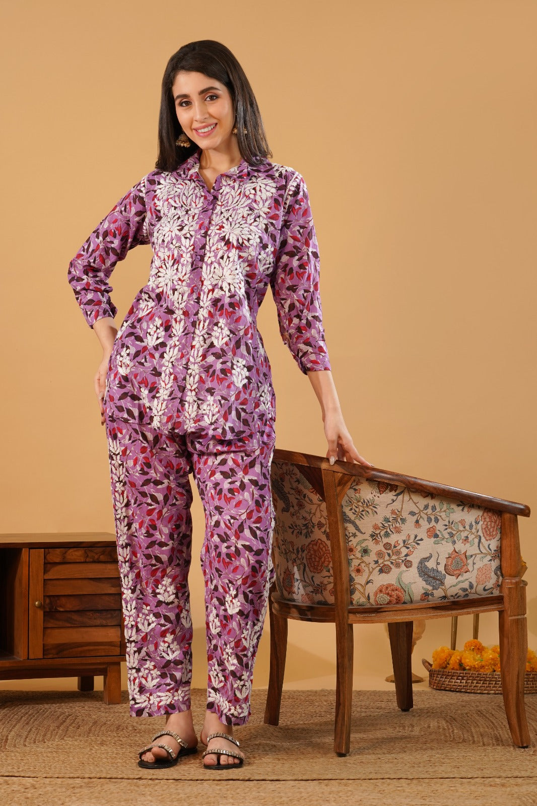 Ziya Mulmul Cotton Lucknowi Chikankari Shirt Coord Set - Lavender Colour