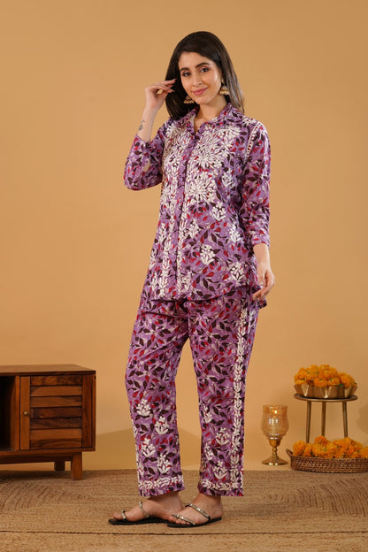 Ziya Mulmul Cotton Lucknowi Chikankari Shirt Coord Set - Lavender Colour