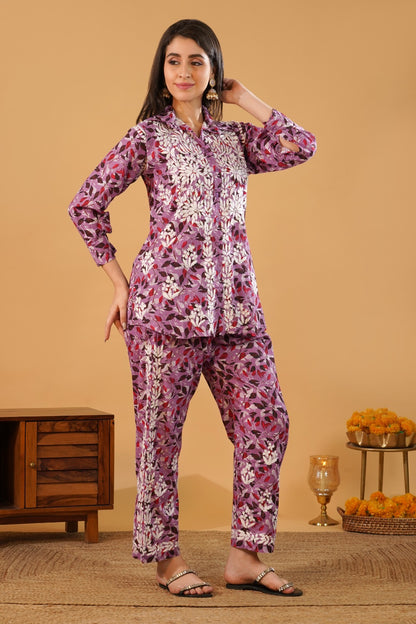 Ziya Mulmul Cotton Lucknowi Chikankari Shirt Coord Set - Lavender Colour