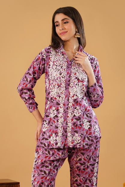 Ziya Mulmul Cotton Lucknowi Chikankari Shirt Coord Set - Lavender Colour