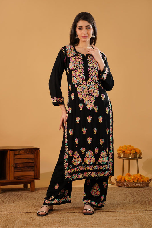 Rawa Soft Rayon Multi Handwork Chikankari Kurti Plazo Set -Sea Green Colour