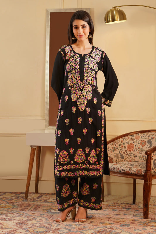 Rawa Soft Rayon Multi Handwork Chikankari Kurti Plazo Set -Purple  Colour