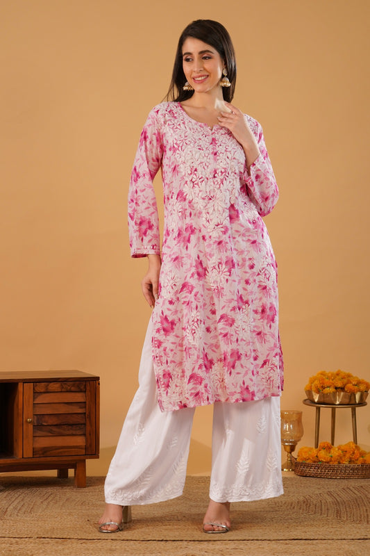 Amara Pure Mulmul Chikankari  Handwork Kurti -Pink Colour
