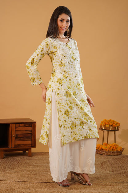 Amara Pure Mulmul Chikankari  Handwork Kurti -Green Colour