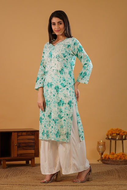 Amara Pure Mulmul Chikankari  Handwork Kurti -Sea Green Colour