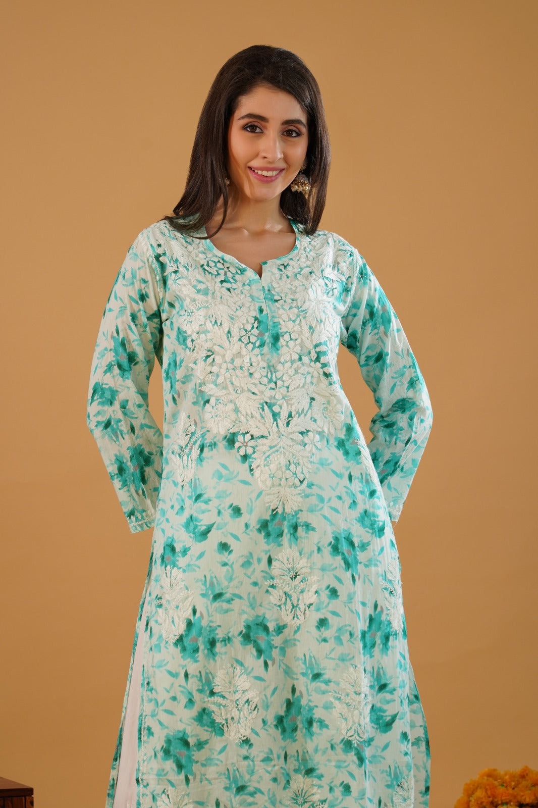 Amara Pure Mulmul Chikankari  Handwork Kurti -Sea Green Colour