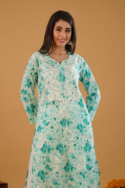 Amara Pure Mulmul Chikankari  Handwork Kurti -Sea Green Colour