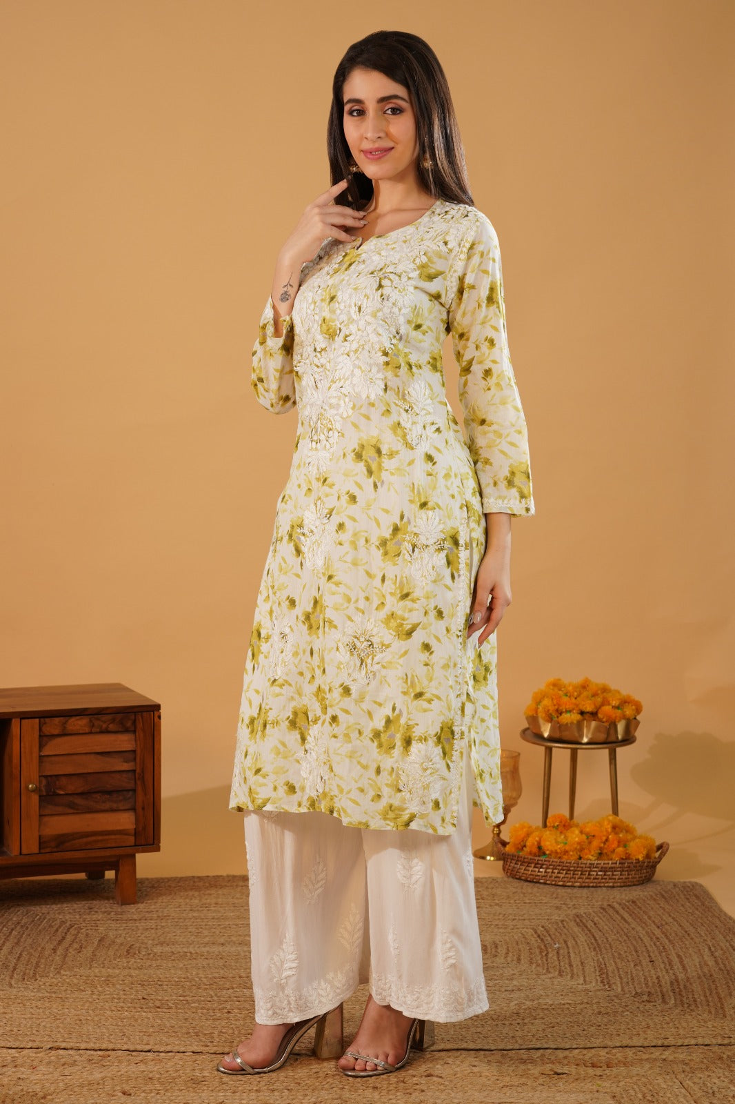 Amara Pure Mulmul Chikankari  Handwork Kurti -Green Colour