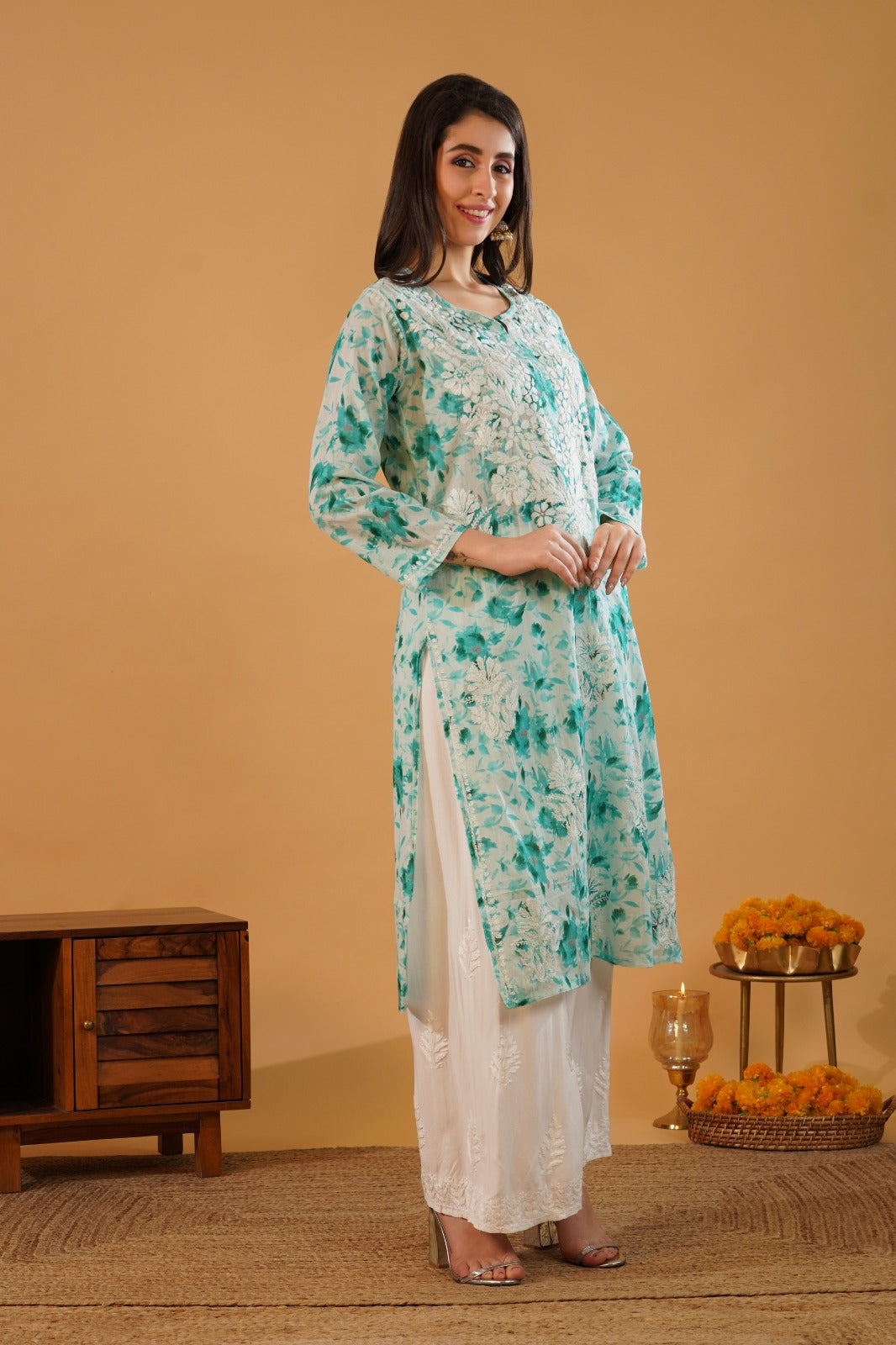 Amara Pure Mulmul Chikankari  Handwork Kurti -Sea Green Colour