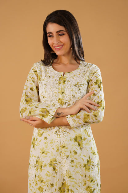 Amara Pure Mulmul Chikankari  Handwork Kurti -Green Colour