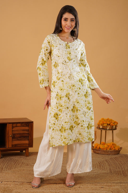 Amara Pure Mulmul Chikankari  Handwork Kurti -Green Colour