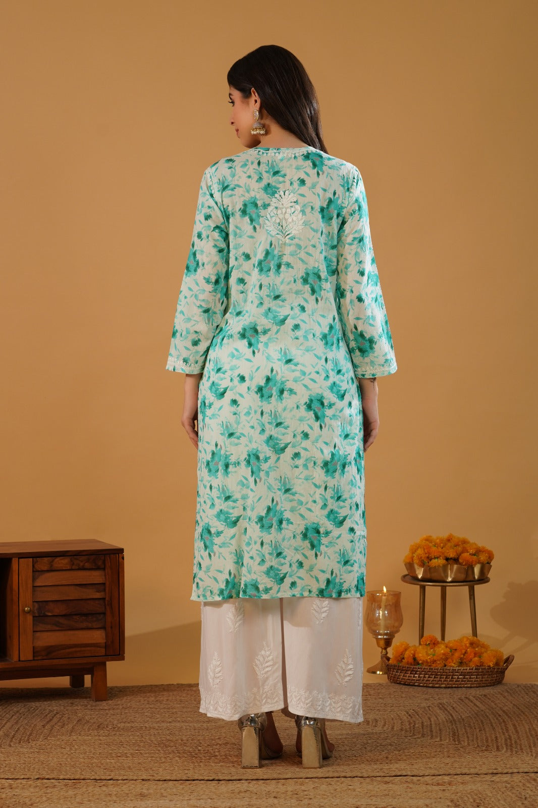 Amara Pure Mulmul Chikankari  Handwork Kurti -Sea Green Colour