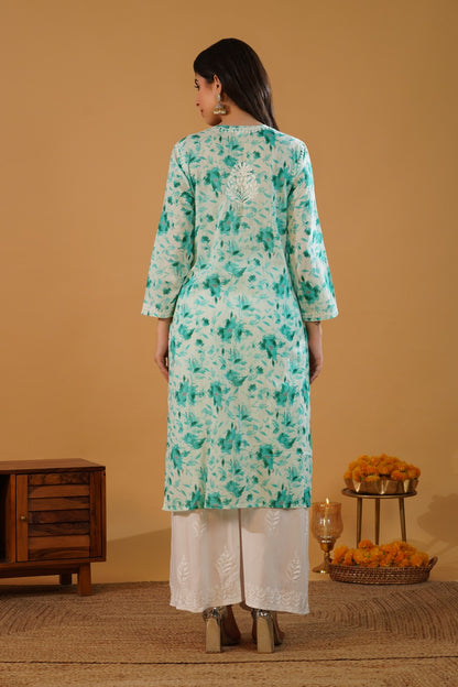 Amara Pure Mulmul Chikankari  Handwork Kurti -Sea Green Colour