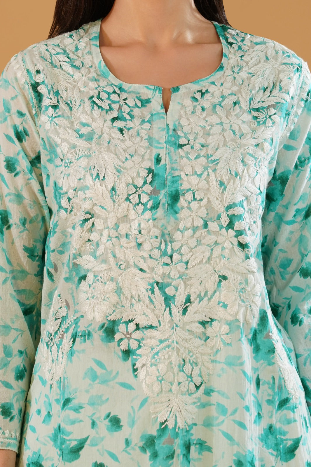 Amara Pure Mulmul Chikankari  Handwork Kurti -Sea Green Colour