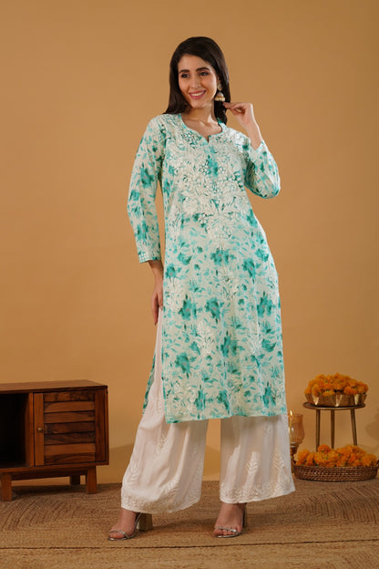 Amara Pure Mulmul Chikankari  Handwork Kurti -Sea Green Colour