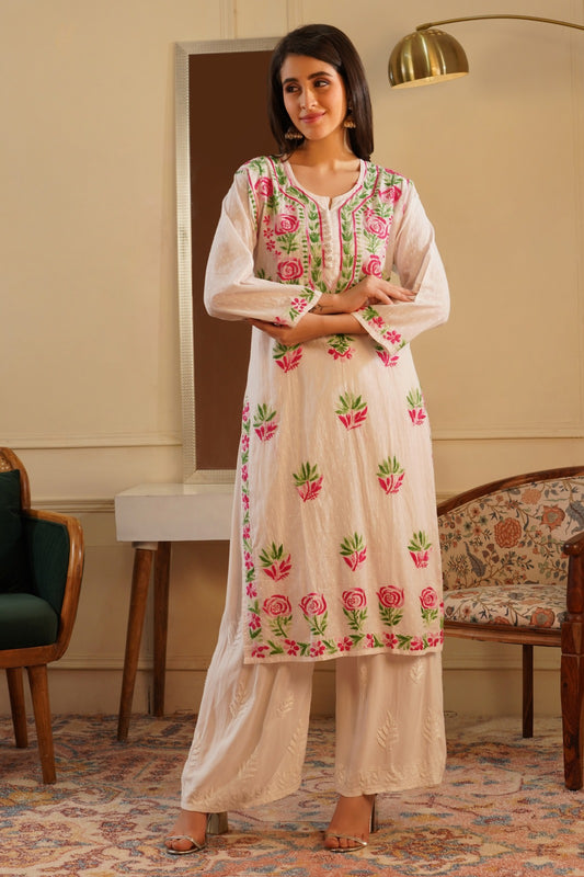 Seema Soft Dobby Cotton Lucknowi Chikankari Handwork Rose Work Kurti -Pink Colour