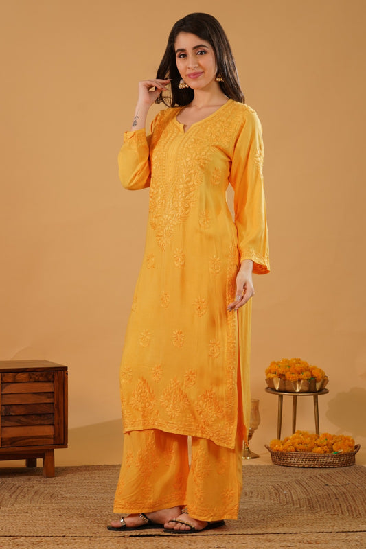 Azra Soft Rayon Dyeable Handwork Chikankari kurti Set - Yellow Colour