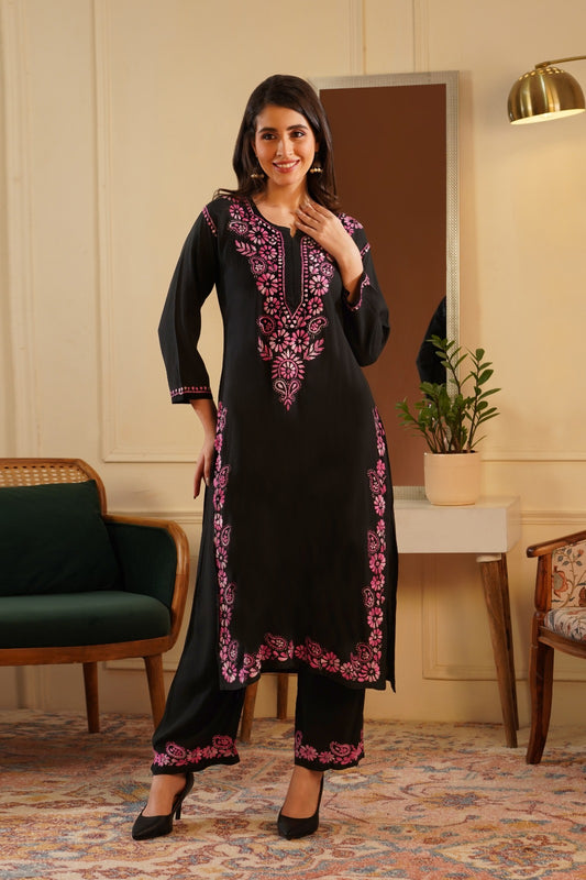 Lubna Rayon Handwork Chikankari Kurti Set- Pink Colour