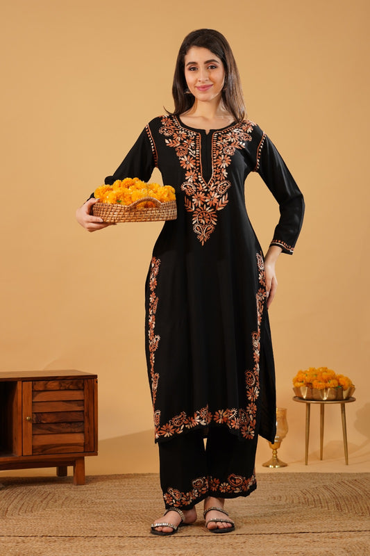 Lubna Rayon Handwork Chikankari Kurti Set- Rust Orange Colour
