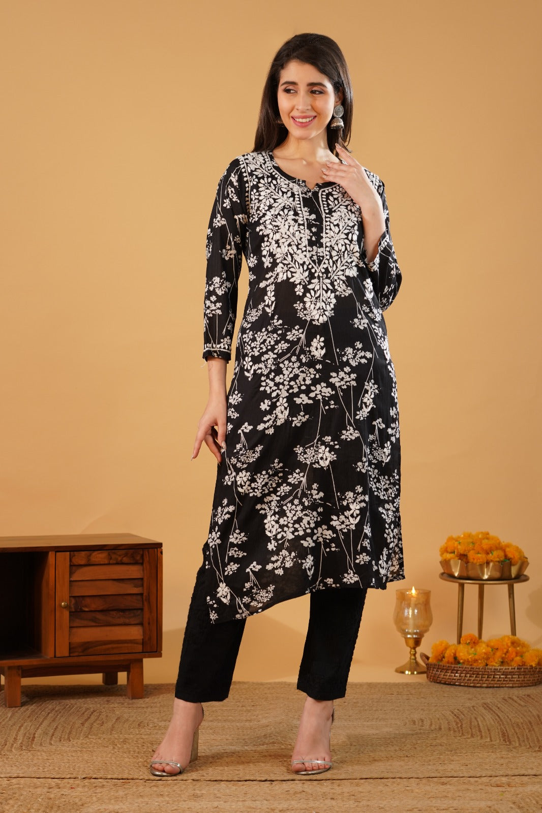 Sidra Pure Mulmul Chikankari Handwork Kurti - Black Colour